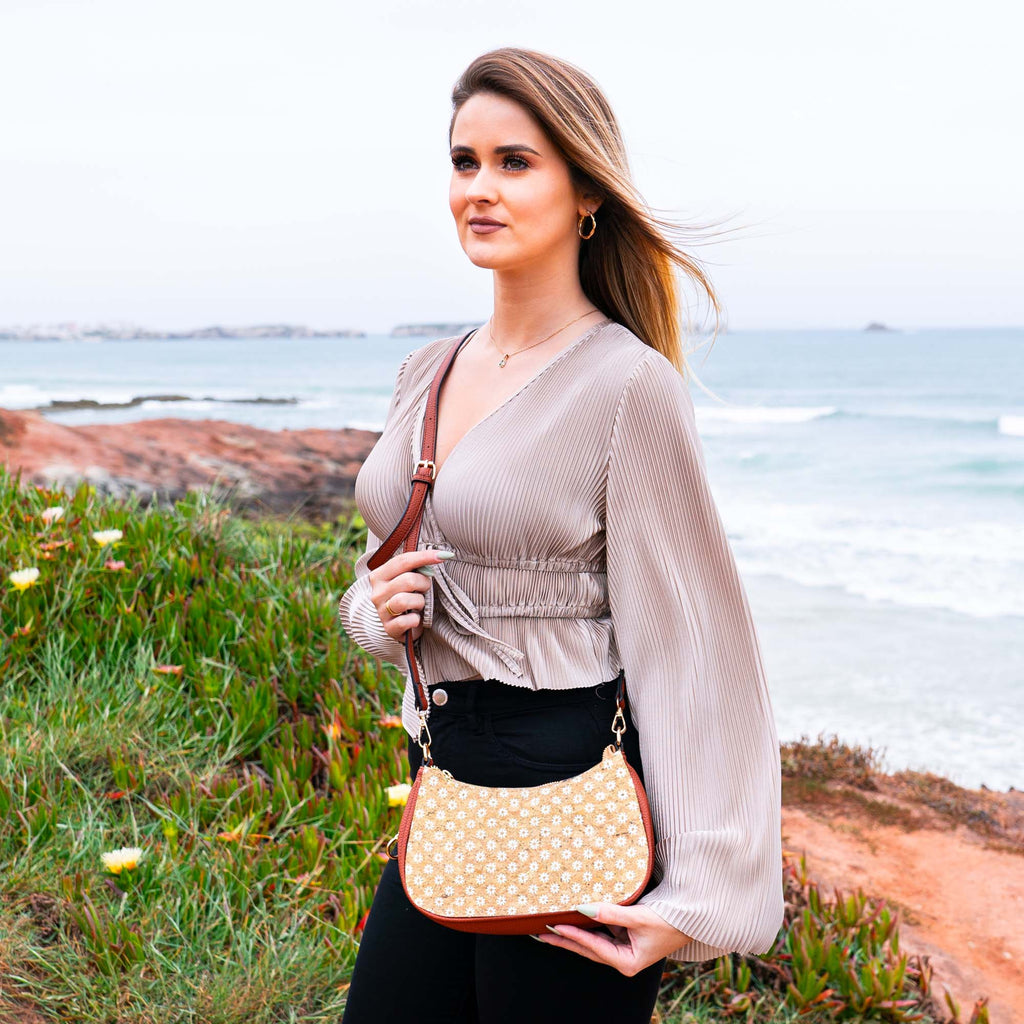 Bohemian Chic bedruckte Umhängetasche aus Kork & braunem PU-Leder TASCHE-2336-FGHI