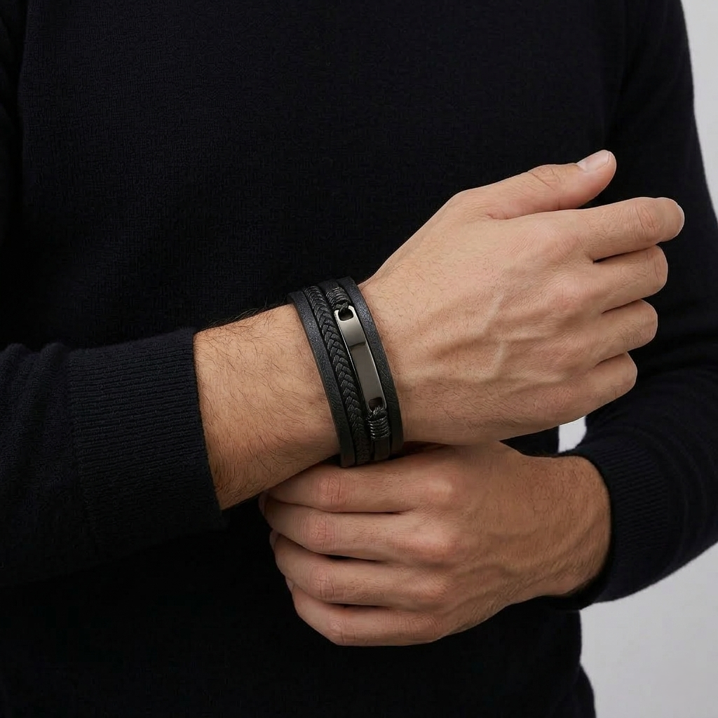 Pulseira de Couro e Aço Inoxidável