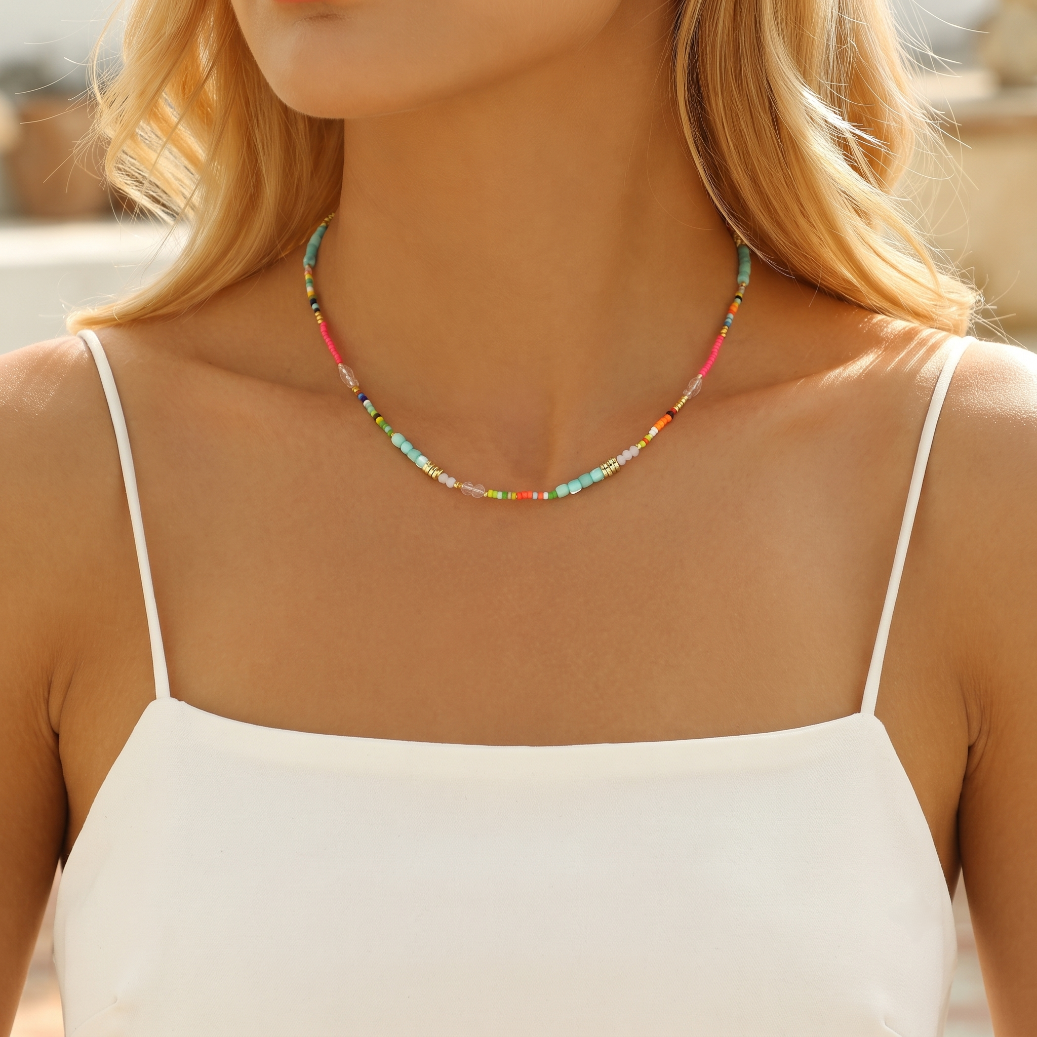 Colar Choker Boémio com Cristais Coloridos