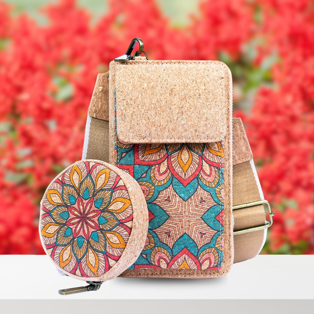 Damen-Handy-Etui aus Naturkork mit Aufdruck und abnehmbarem Münzbeutel BAG-2310