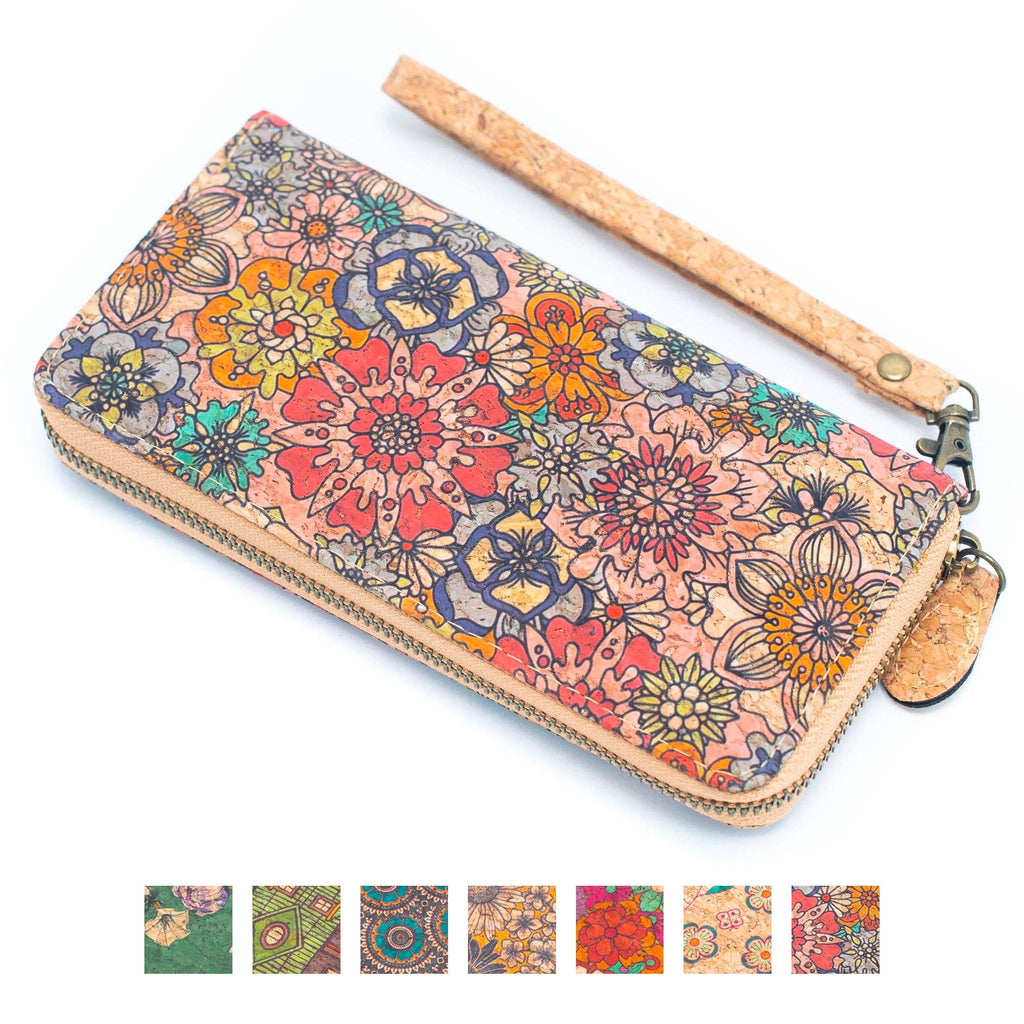 Cartera tarjetero de corcho natural con cremallera para mujer, varios patrones - Cartera vegana de corcho BAG-2216