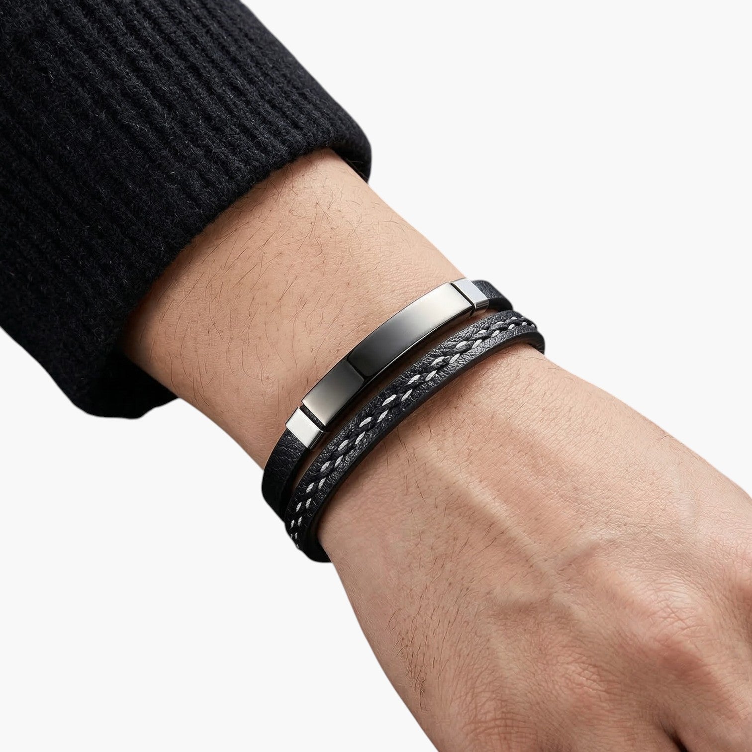 Pulseira de Couro e Aço Inoxidável