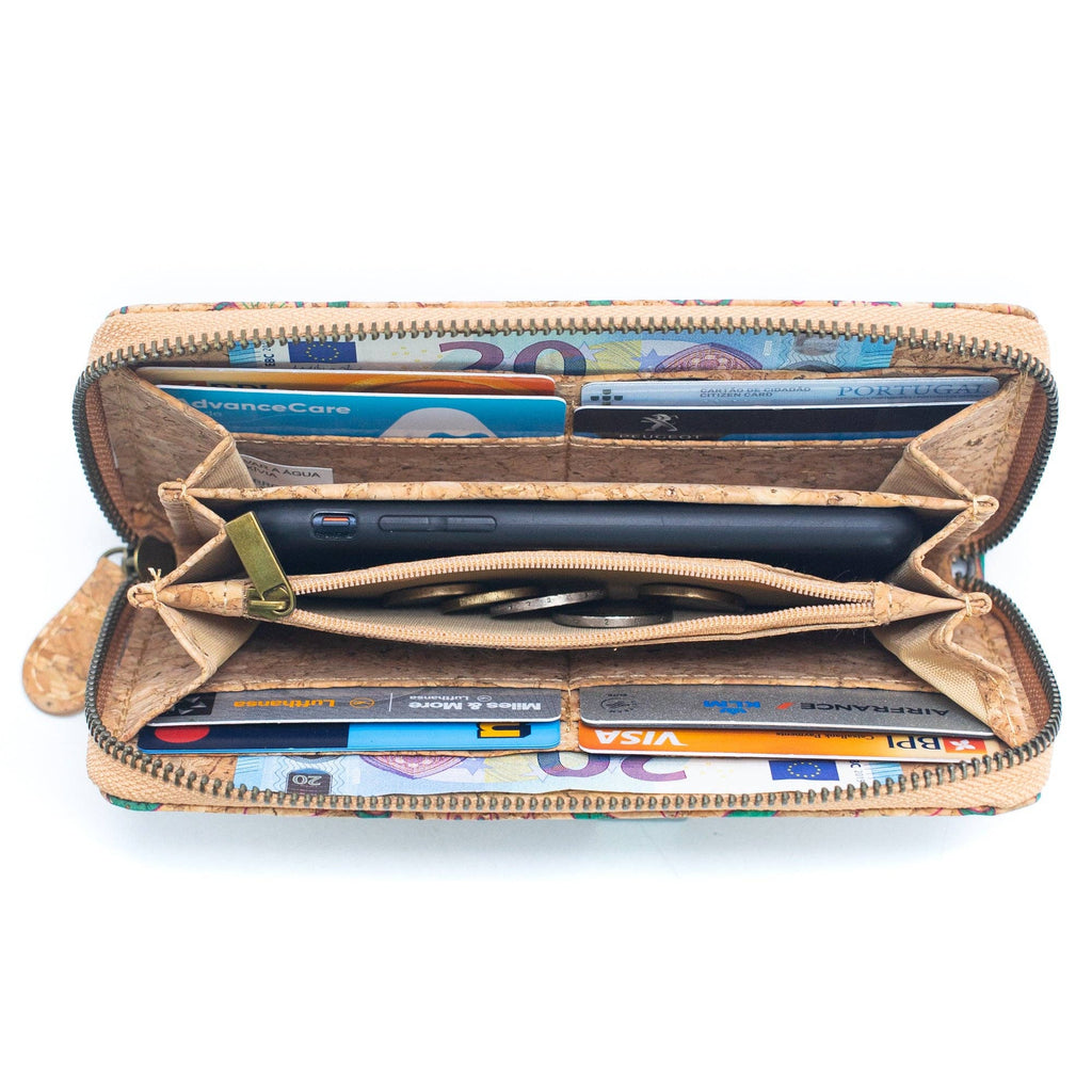 Cartera tarjetero de corcho natural con cremallera para mujer, varios patrones - Cartera vegana de corcho BAG-2216