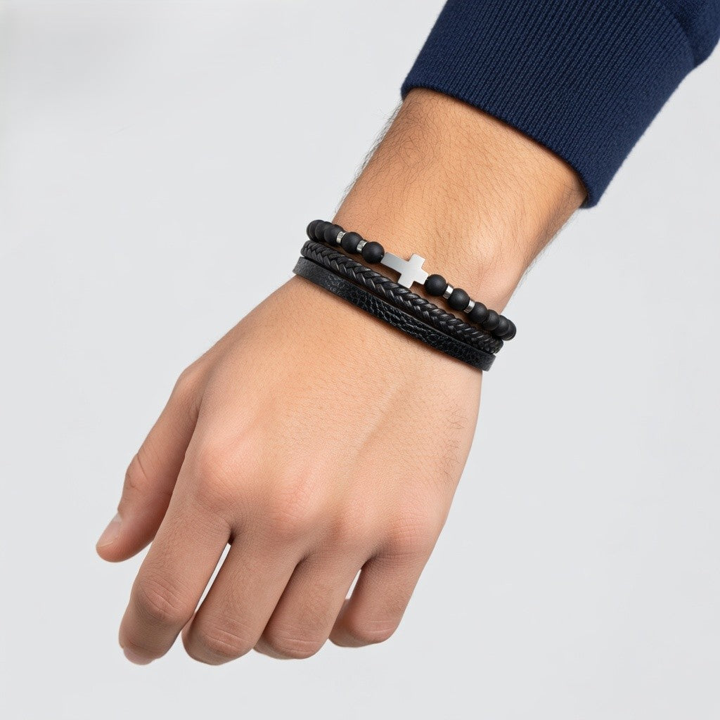 Leder- und Natursteinarmband