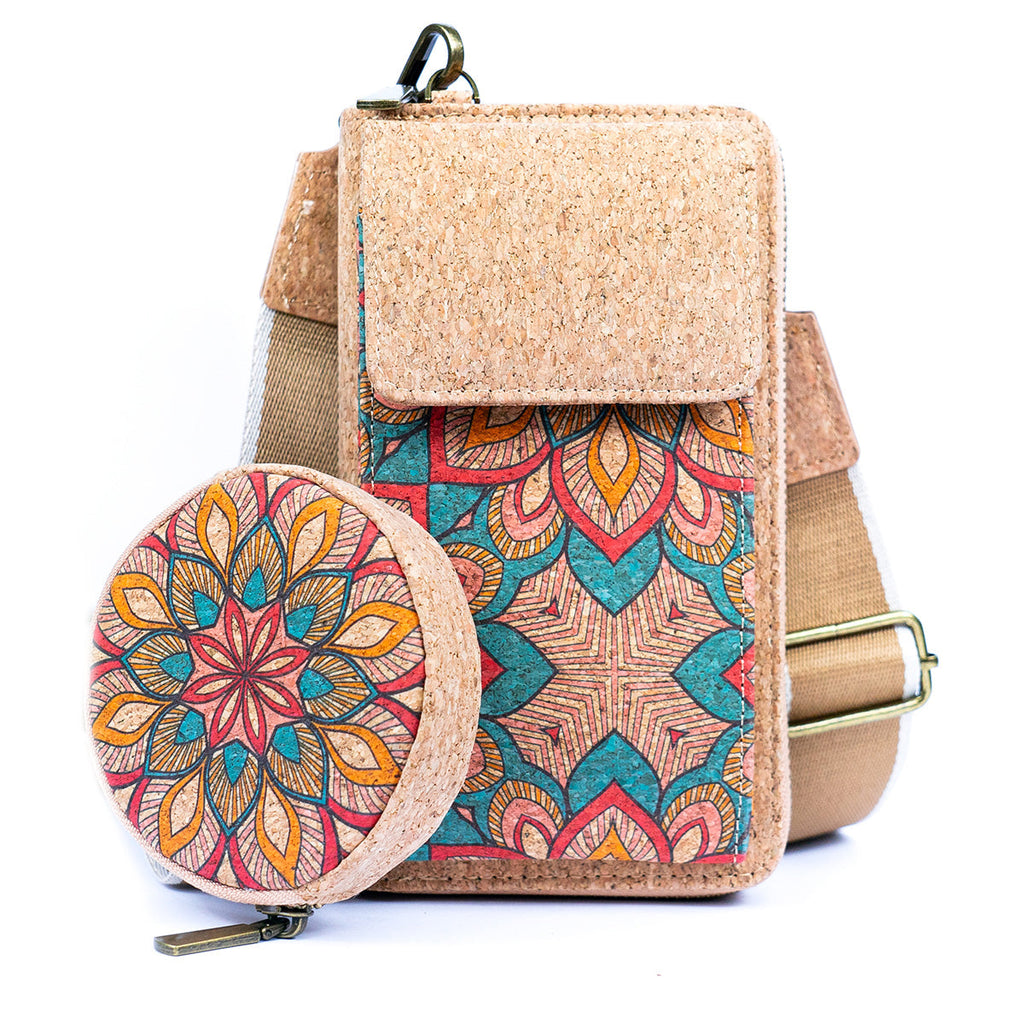 Damen-Handy-Etui aus Naturkork mit Aufdruck und abnehmbarem Münzbeutel BAG-2310