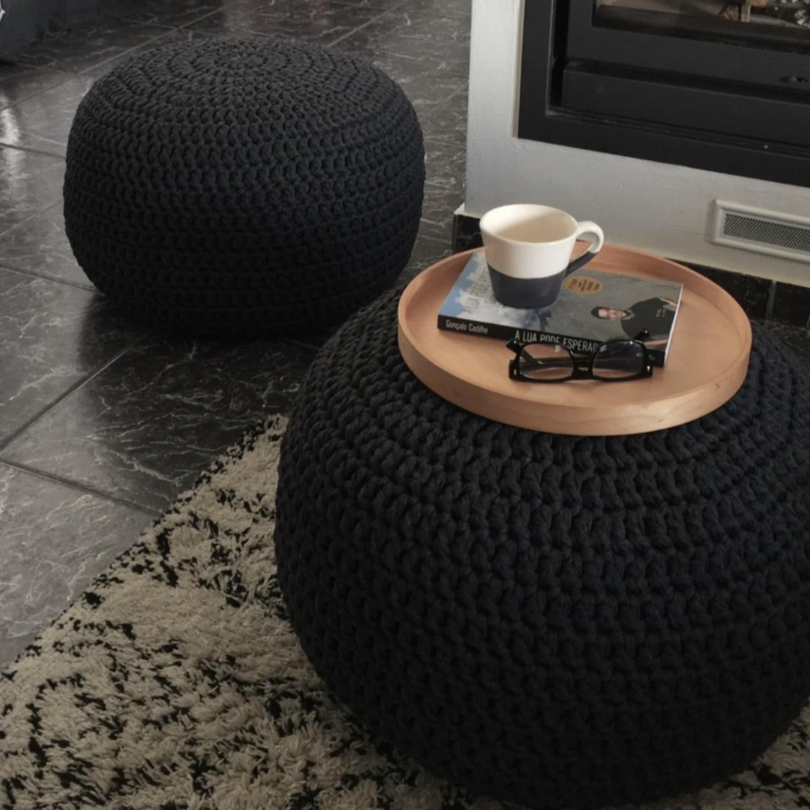 Charcoal Round Pouf Ottoman - Cozy Crochet Floor Seating