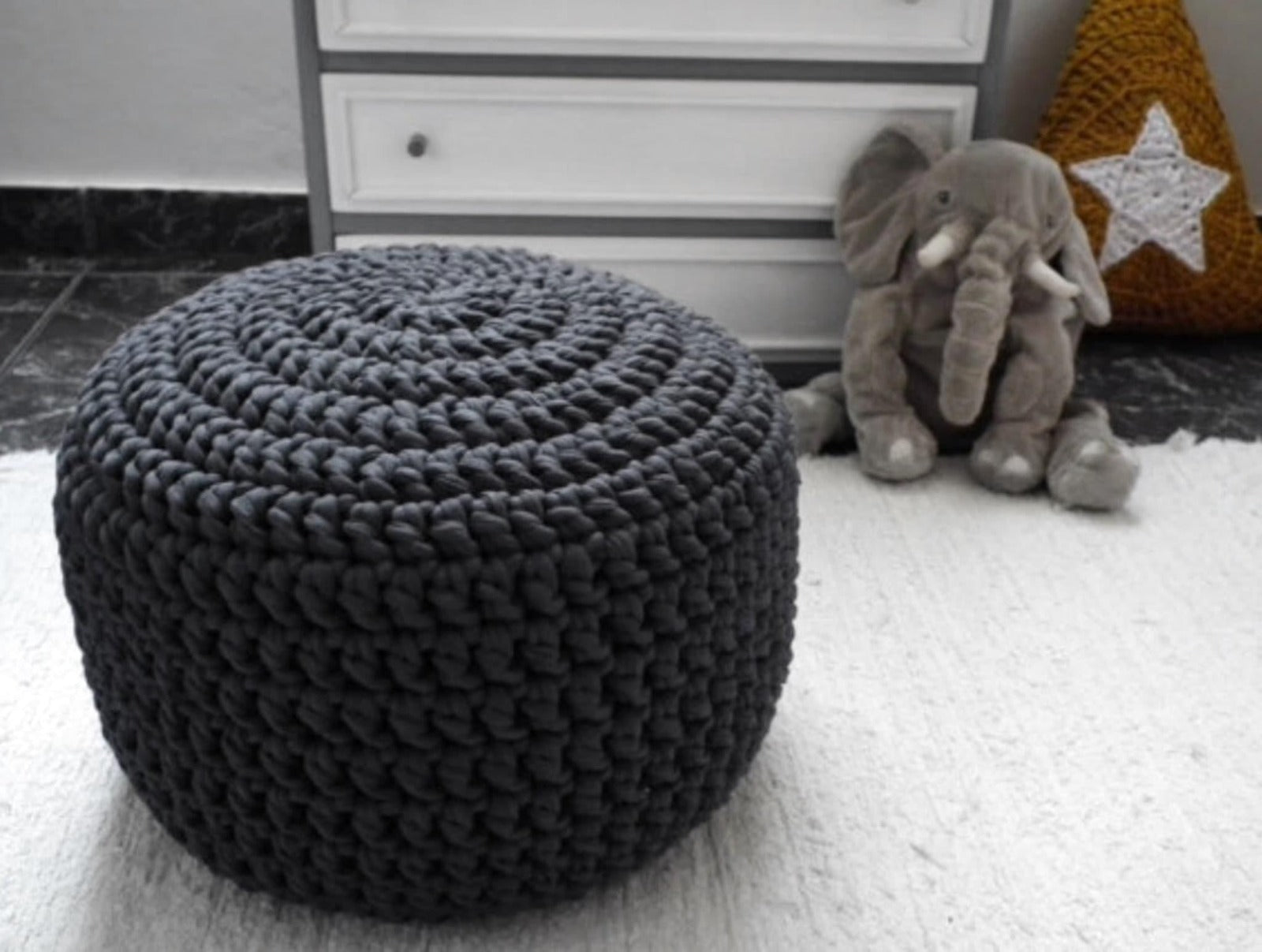 Charcoal Round Pouf Ottoman - Cozy Crochet Floor Seating