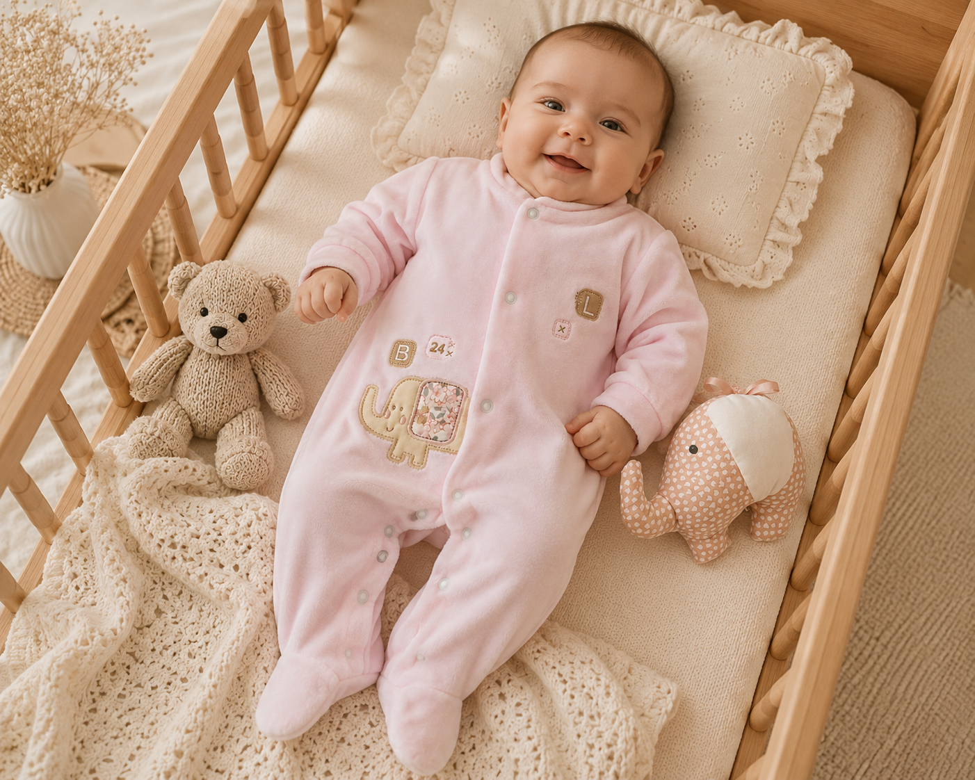Babygrow de Veludo Rosa Bebé com Aplicação Elefante