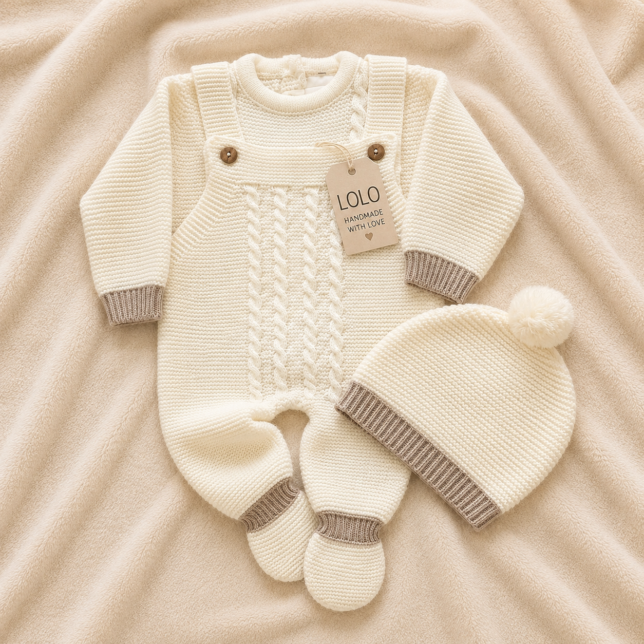 Conjunto de Malha para Bebé com Jardineira, Camisola e Gorro Marfim e Bege LOLO