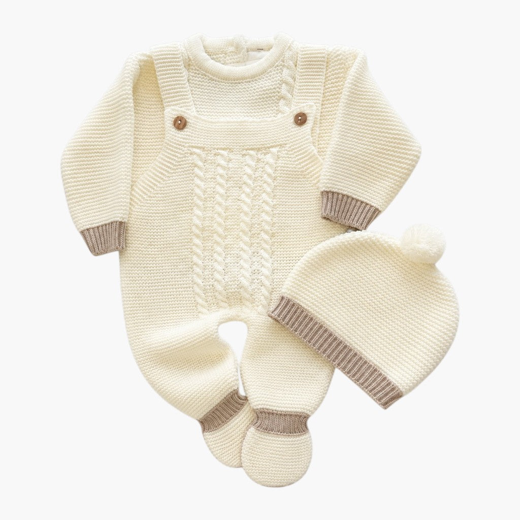 Conjunto de Malha para Bebé com Jardineira, Camisola e Gorro Marfim e Bege LOLO