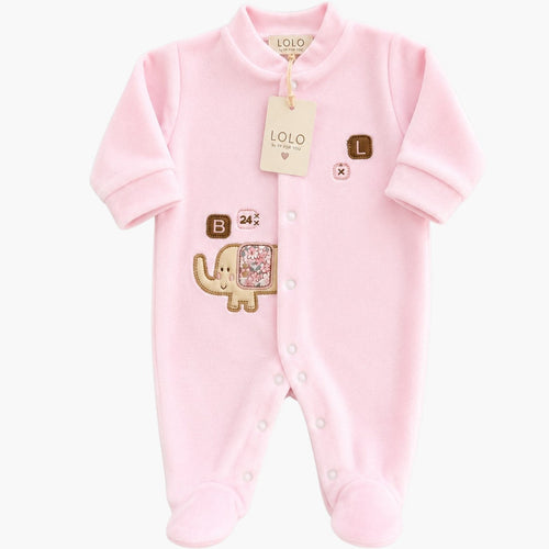 Babygrow de Veludo Rosa Bebé com Aplicação Elefante