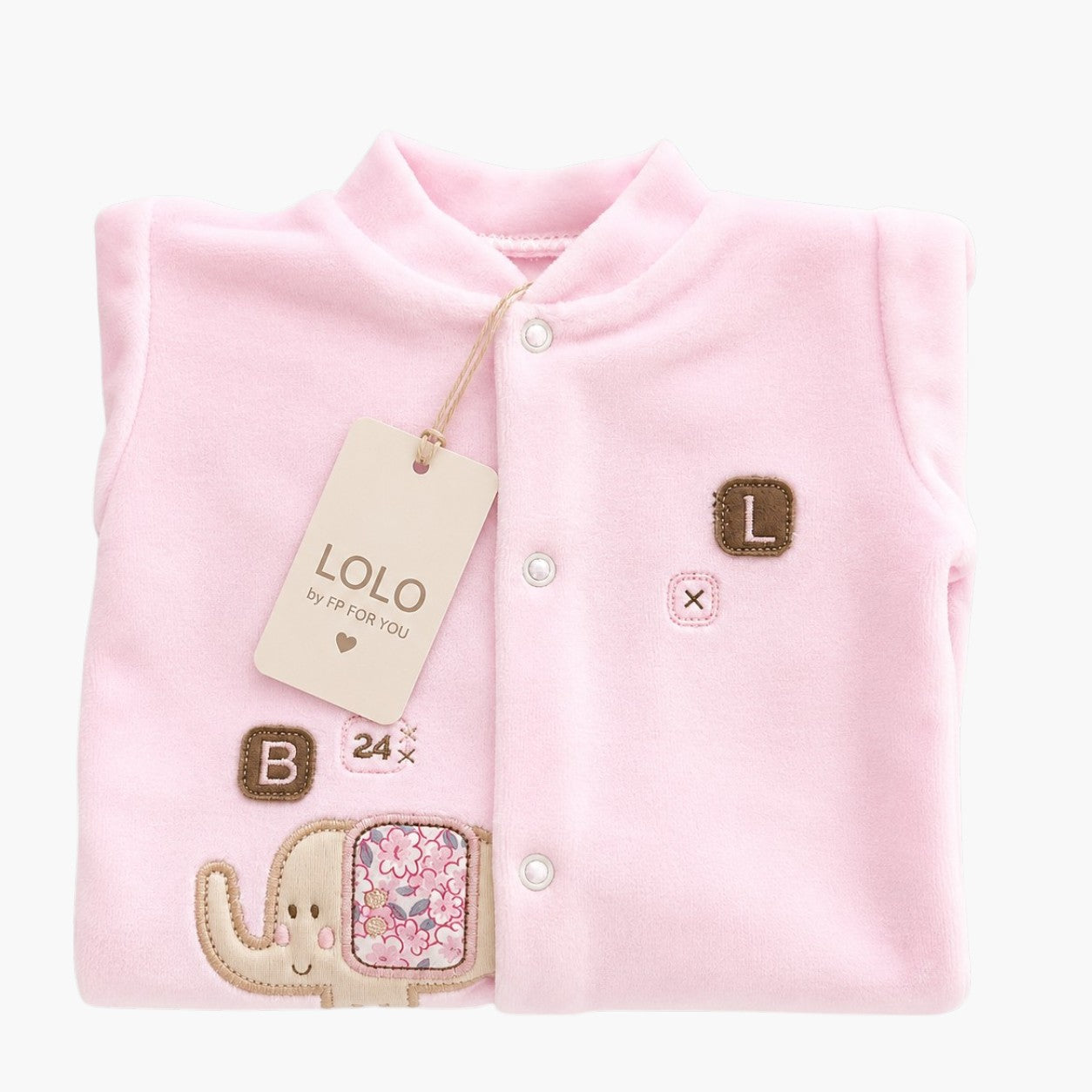 Babygrow de Veludo Rosa Bebé com Aplicação Elefante