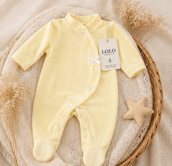 Babygrow Veludo Amarelo Bebé Conforto e Suavidade para os Primeiros Dias