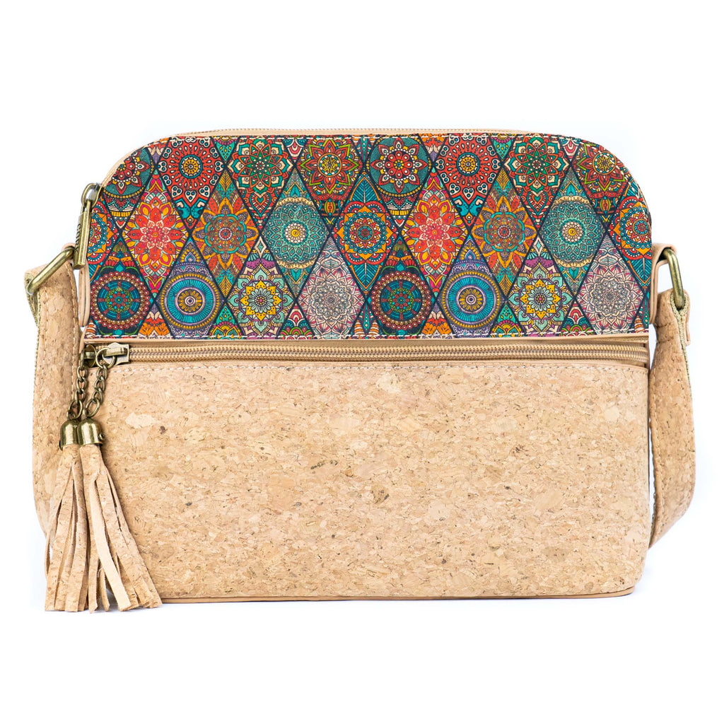 Bolso cruzado de corcho natural para mujer con cremallera y borla BAG-2218