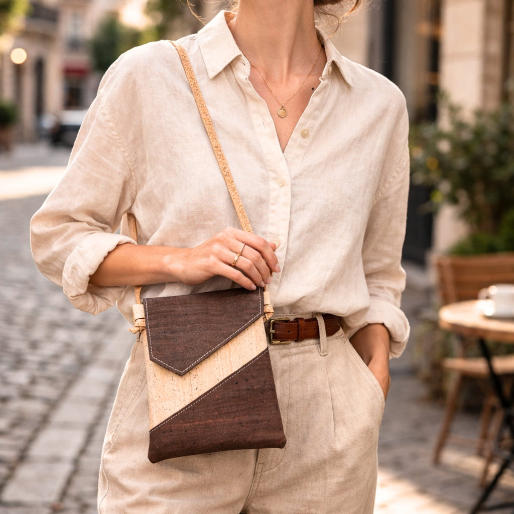 Cork Crossbody Bag with Geometric Color Block - Vegan Leather Shoulder Purse