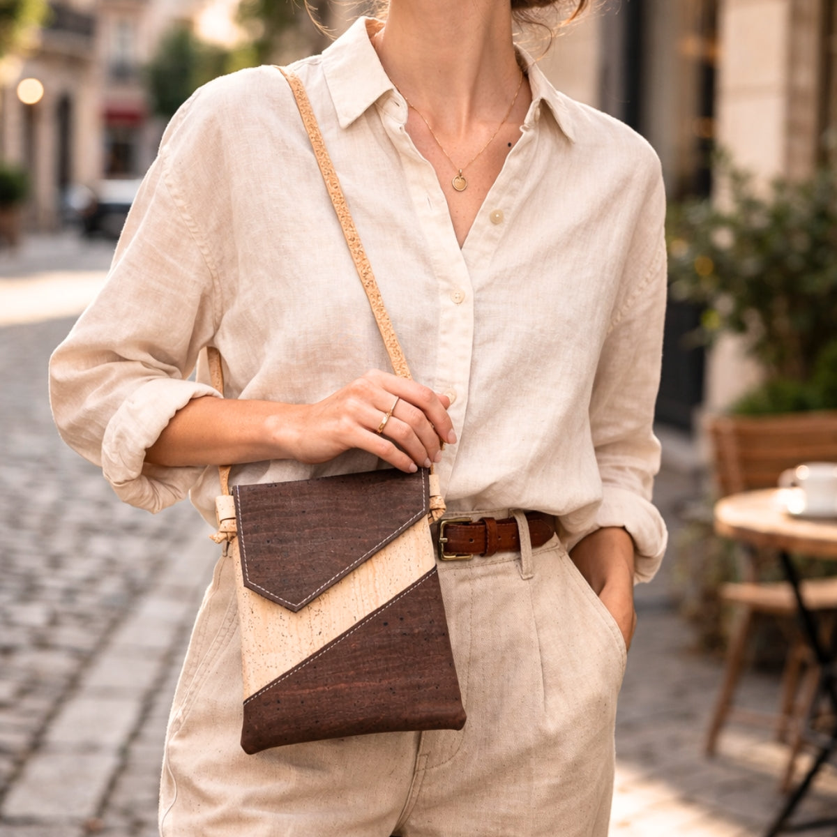 Cork Crossbody Bag with Geometric Color Block - Vegan Leather Shoulder Purse