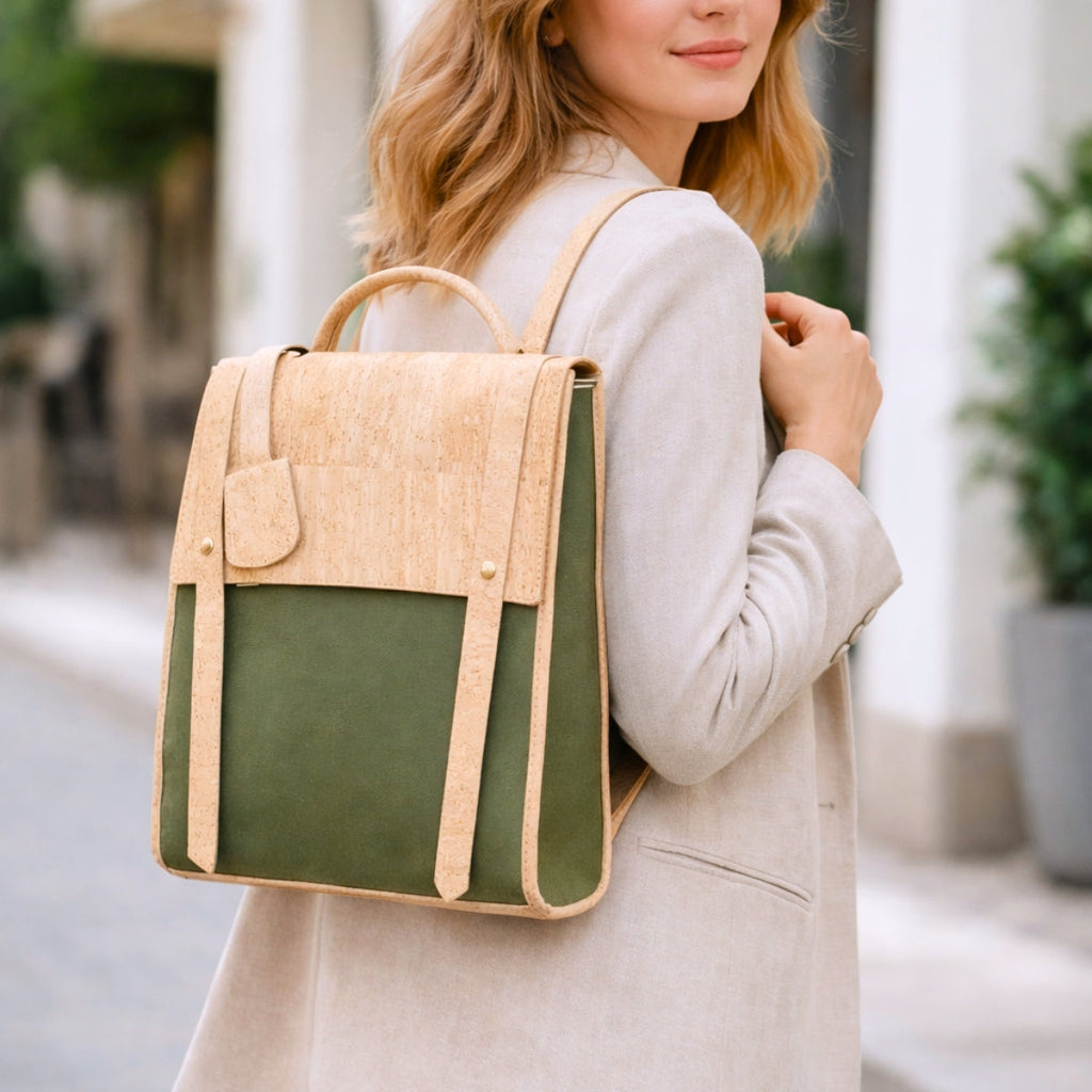 Eco-Friendly Cork and Green Canvas Backpack for Women BAG-2317