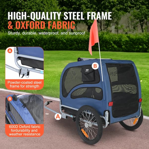 Heavy-Duty Dog Bike Trailer – Foldable Pet Bicycle Carrier with Reflectors, Safety Flag & Coupler (Up to 100 lbs)