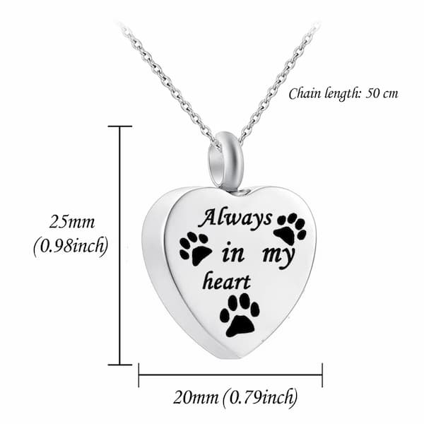 Pet Memorial Ashes Necklace – “Always in My Heart” Paw Print Keepsake Pendant 💜