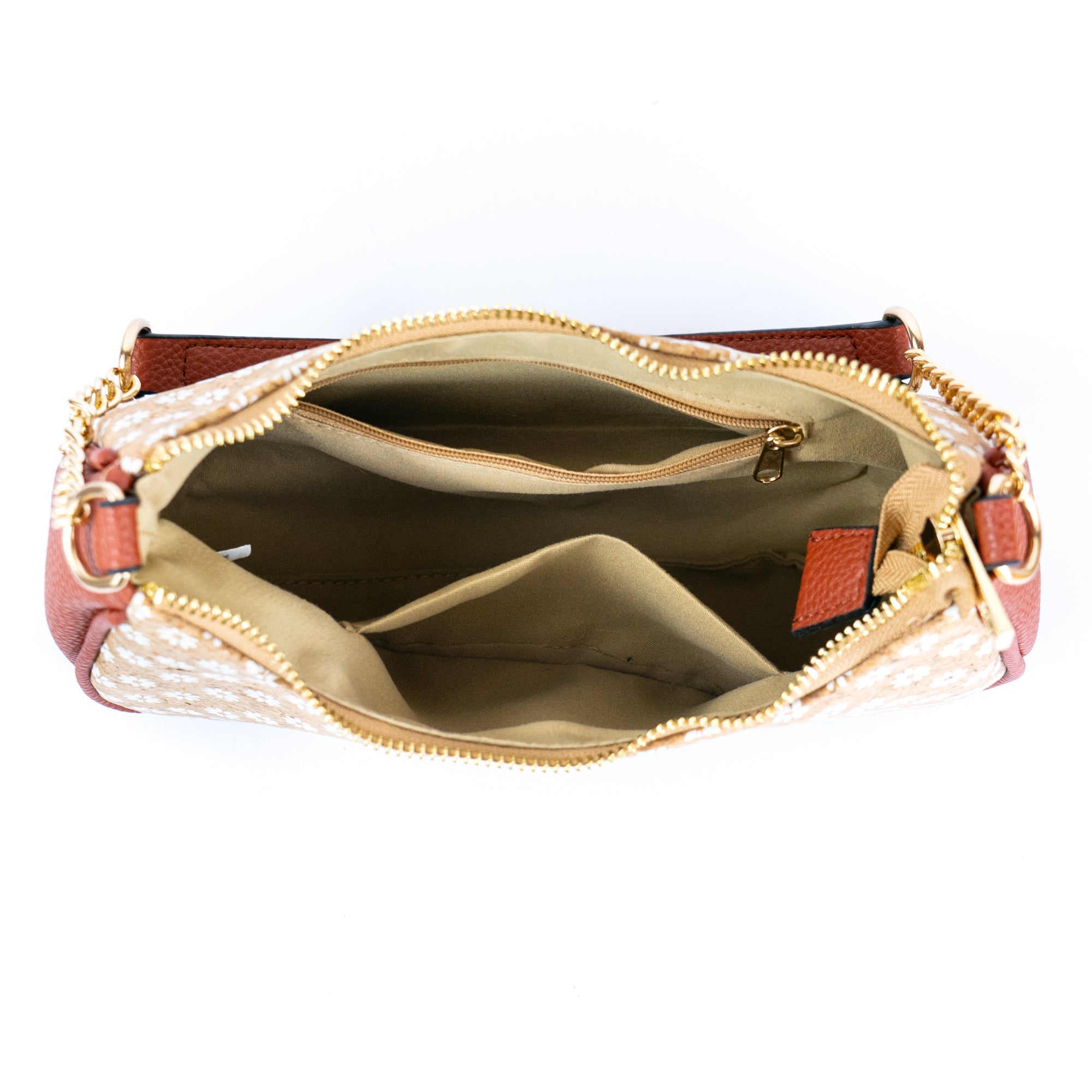 Bohemian Chic bedruckte Umhängetasche aus Kork & braunem PU-Leder TASCHE-2336-FGHI