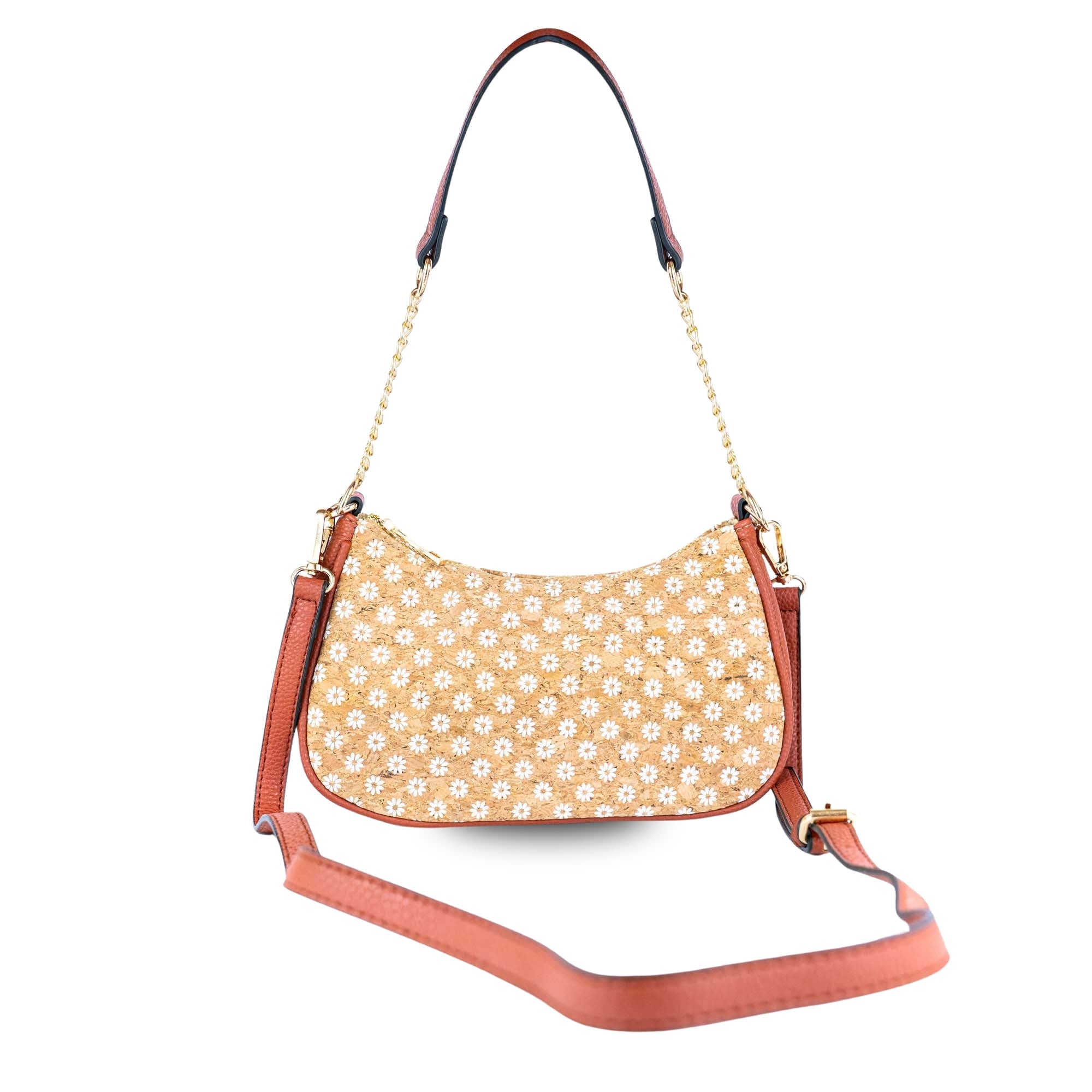 Bohemian Chic bedruckte Umhängetasche aus Kork & braunem PU-Leder TASCHE-2336-FGHI