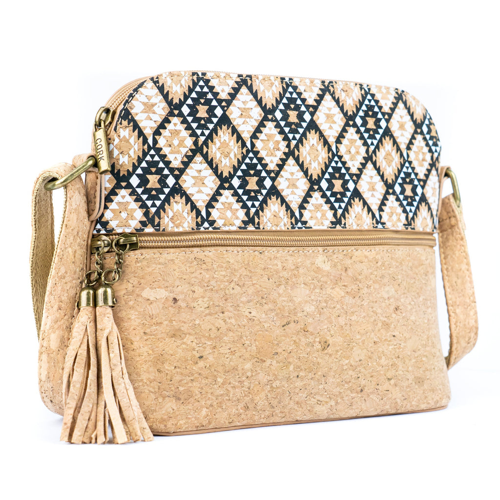 Bolso cruzado de corcho natural para mujer con cremallera y borla BAG-2218