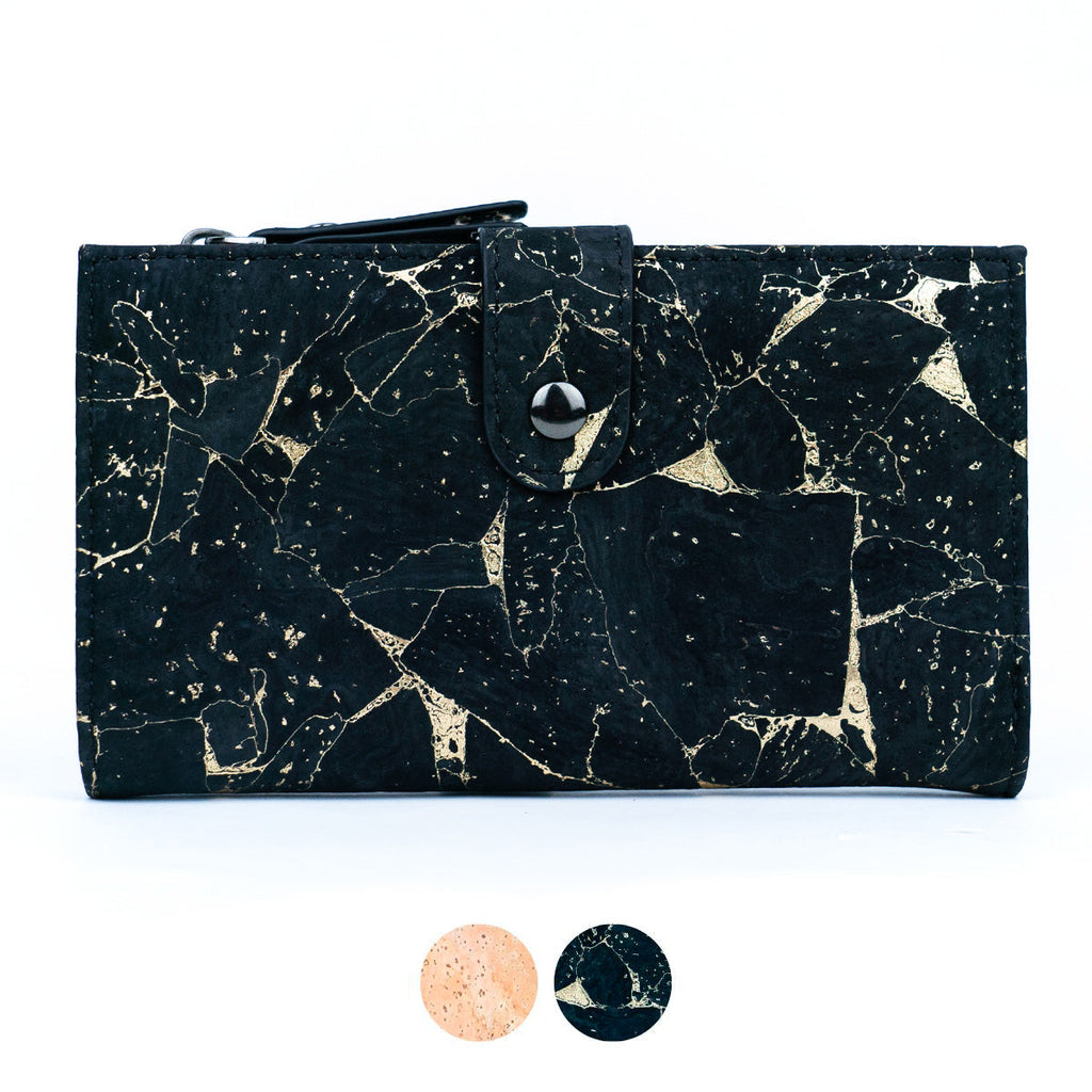 Elegante Damengeldbörse aus schwarzem und naturbelassenem Kork mit goldfarbenen Akzenten BAG-2303
