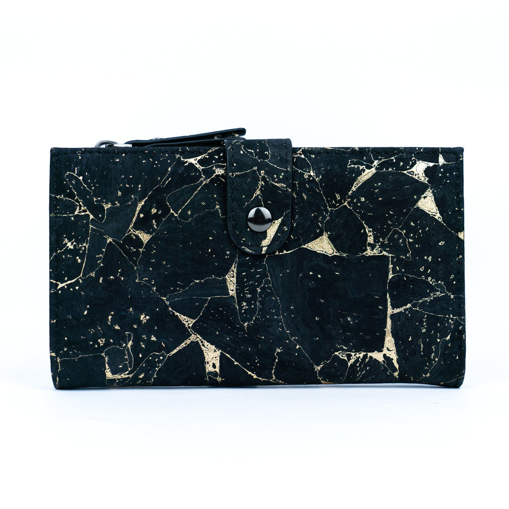 Elegante Damengeldbörse aus schwarzem und naturbelassenem Kork mit goldfarbenen Akzenten BAG-2303
