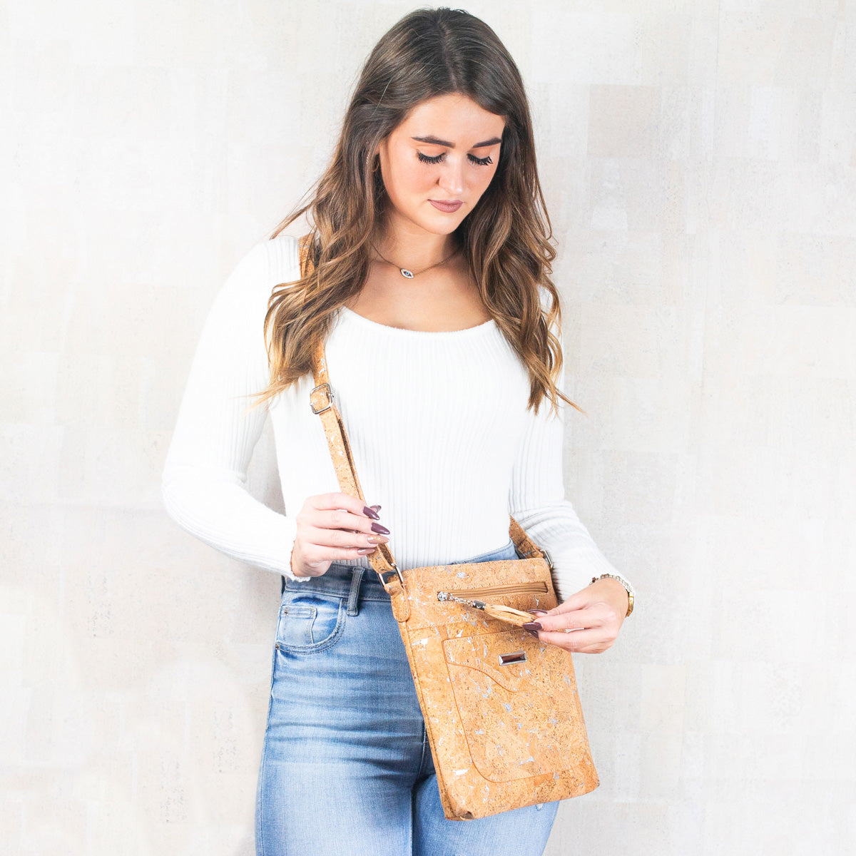 Women's Crossbody Bag in Natural Cork with Gold or Silver Accents BAG-2249