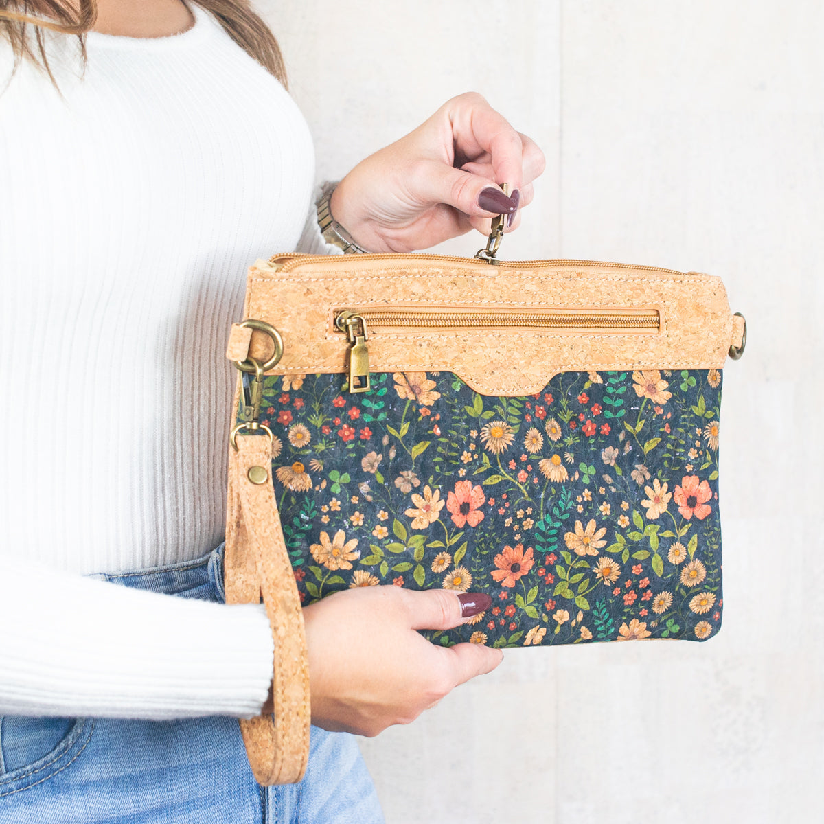 Natural Cork with Printed Design - Women's Crossbody and Clutch BAG-2248