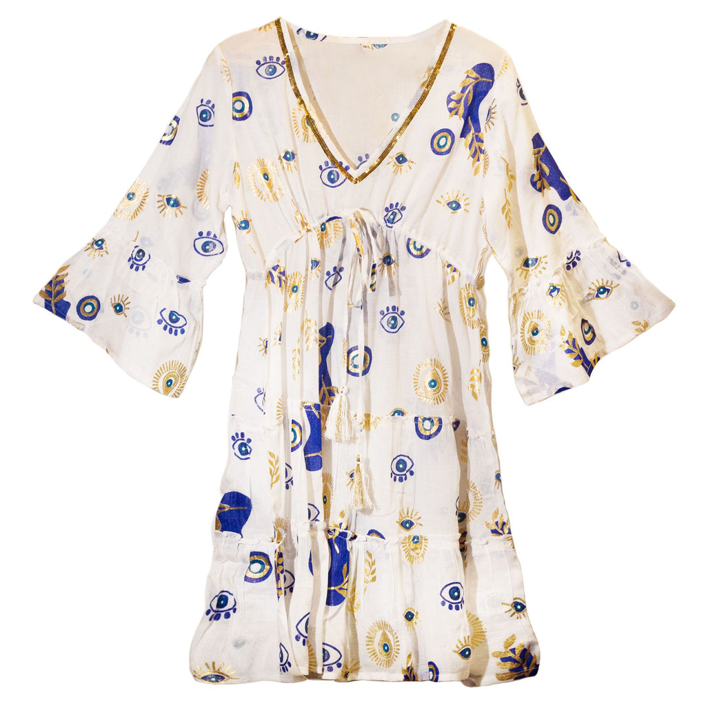 Vestido Sari Nômade Olho Grego – Branco, Azul e Dourado – Tamanho M/L