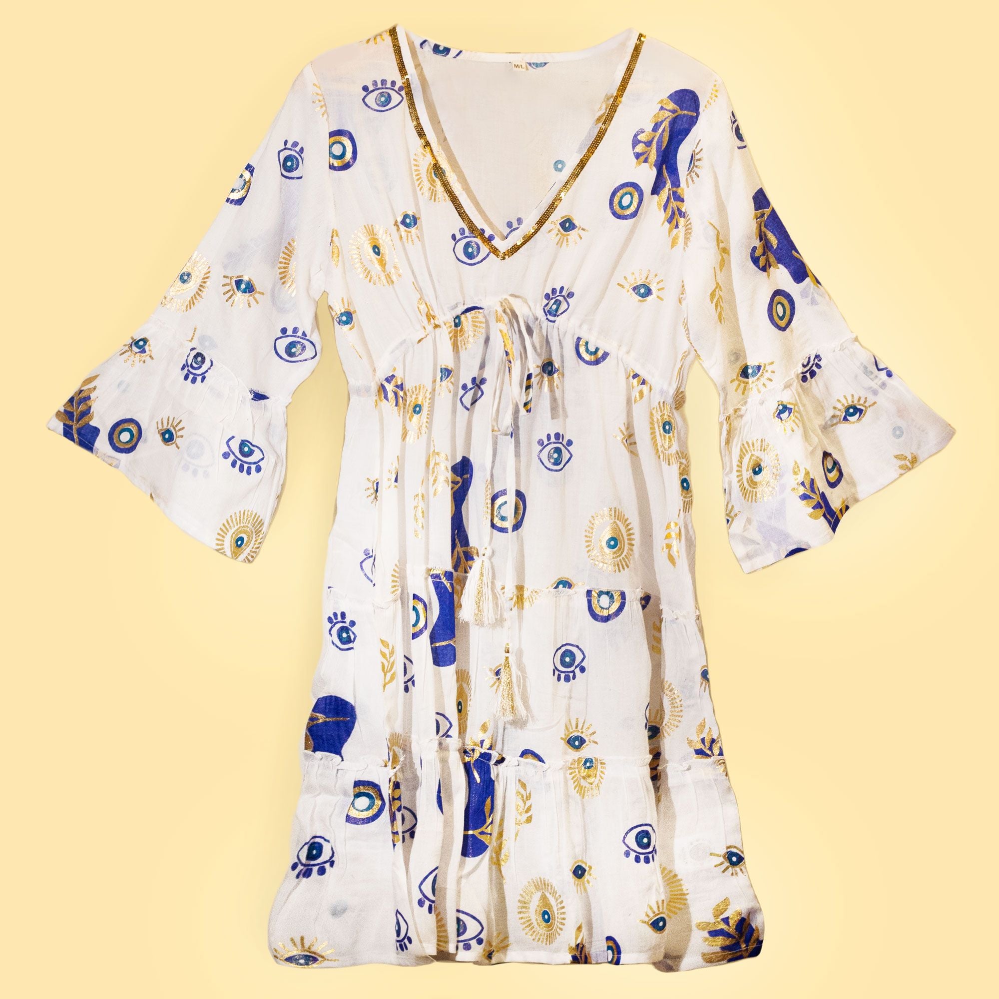 Vestido Sari Nômade Olho Grego – Branco, Azul e Dourado – Tamanho M/L