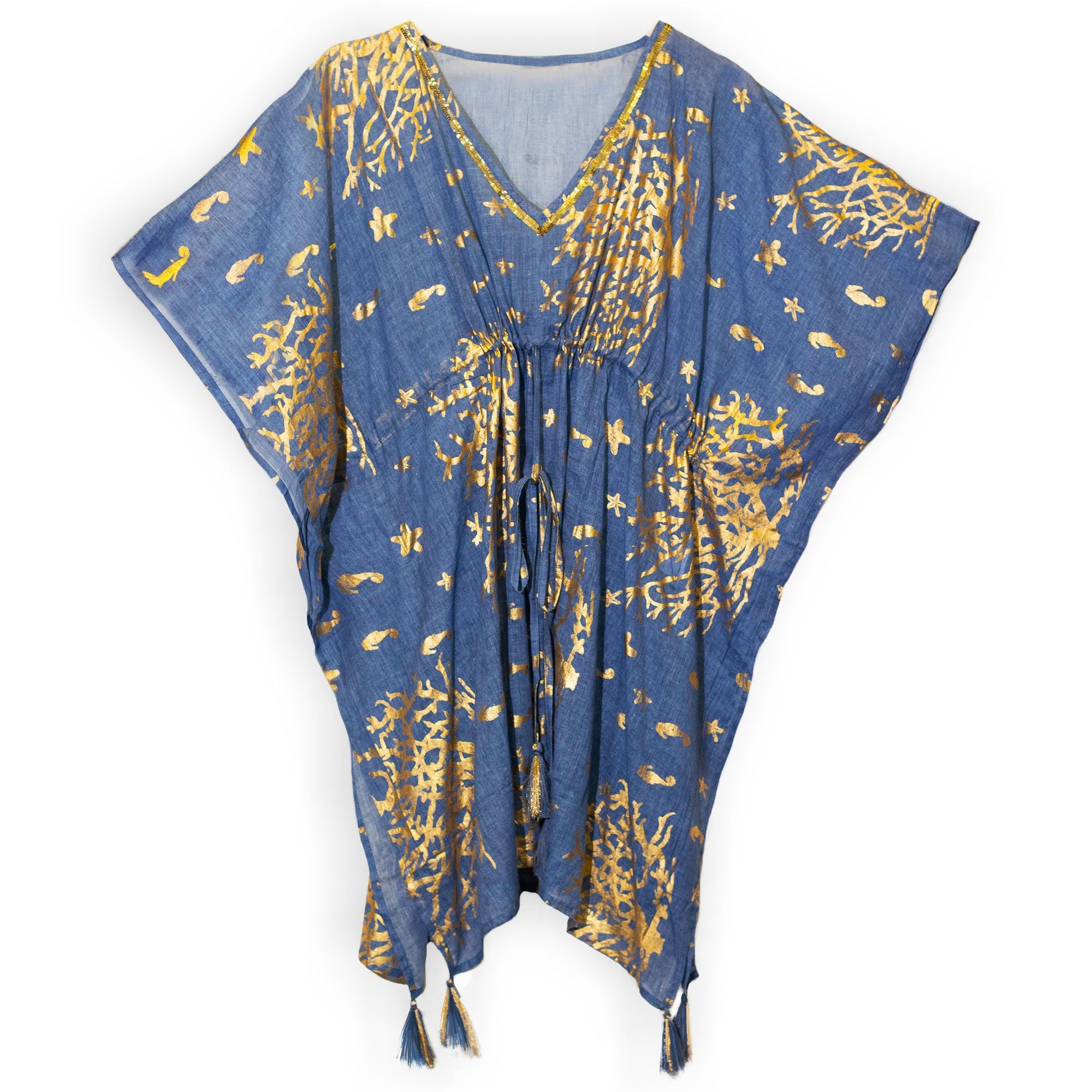 Nomad Sari Kaftan – Azul marino con estampado de coral dorado