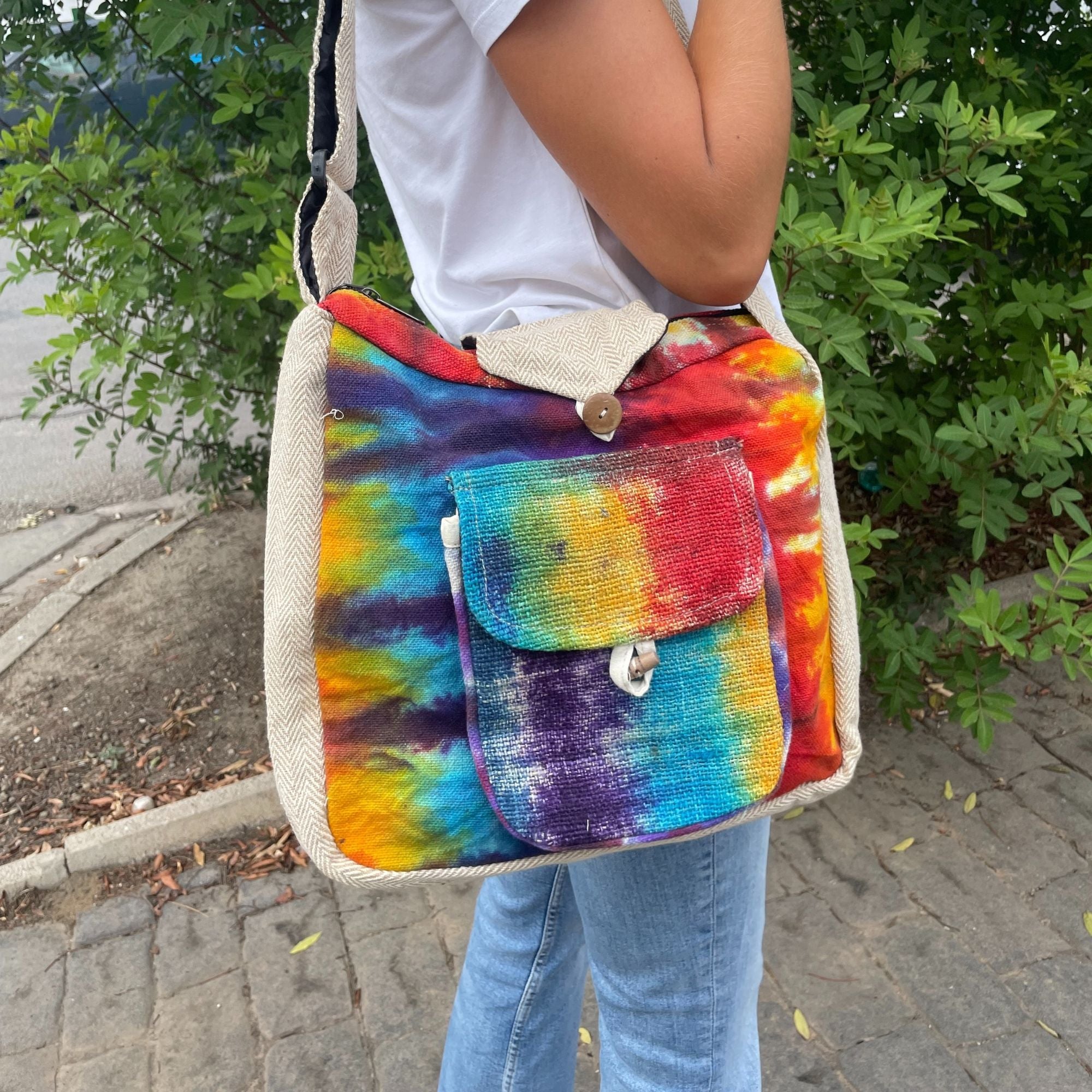 Tie-Dye Hanf Umhängetasche mit Vordertasche