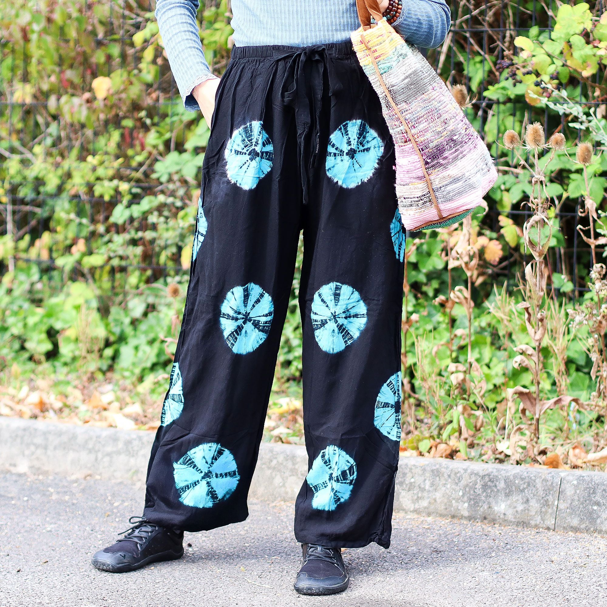 Pantalones de estilo japonés para estar en casa - negro y azul - L