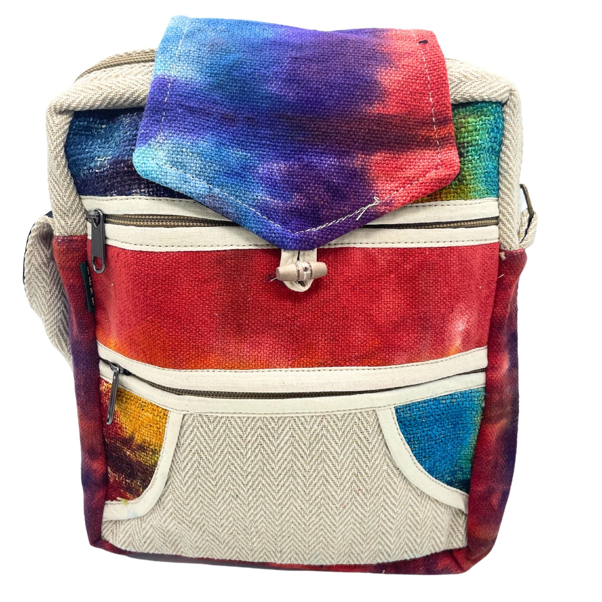 Bolso bandolera de cáñamo teñido con 2 cremalleras y solapa