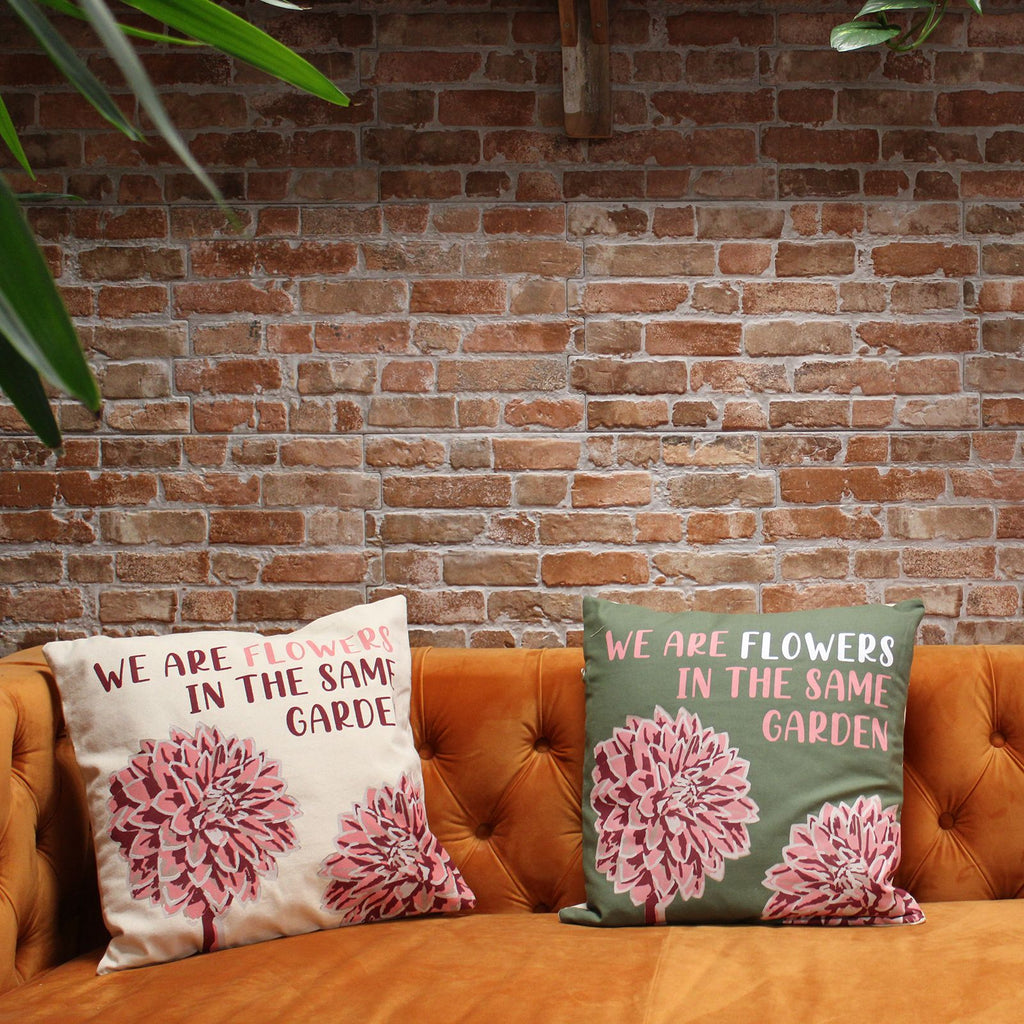 Funda de Cojín de Algodón Estampado - Somos Flores - Oliva, Rosa y Natural