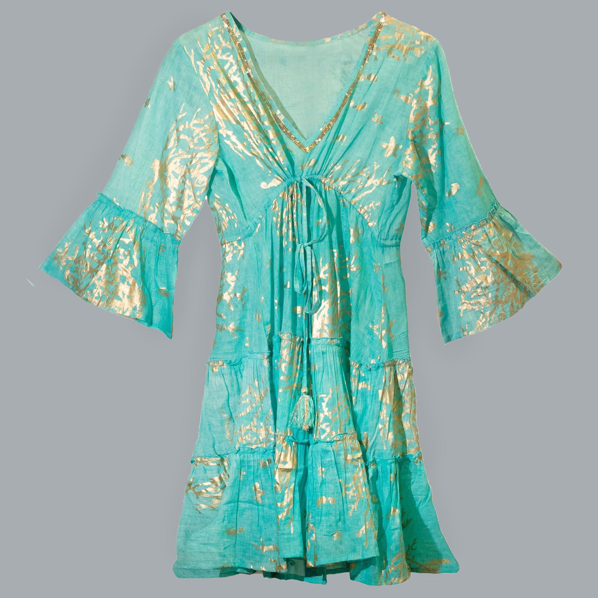 Vestido Nomad Sari estampado mediterrânico em tons de turquesa e coral dourado (M/L)