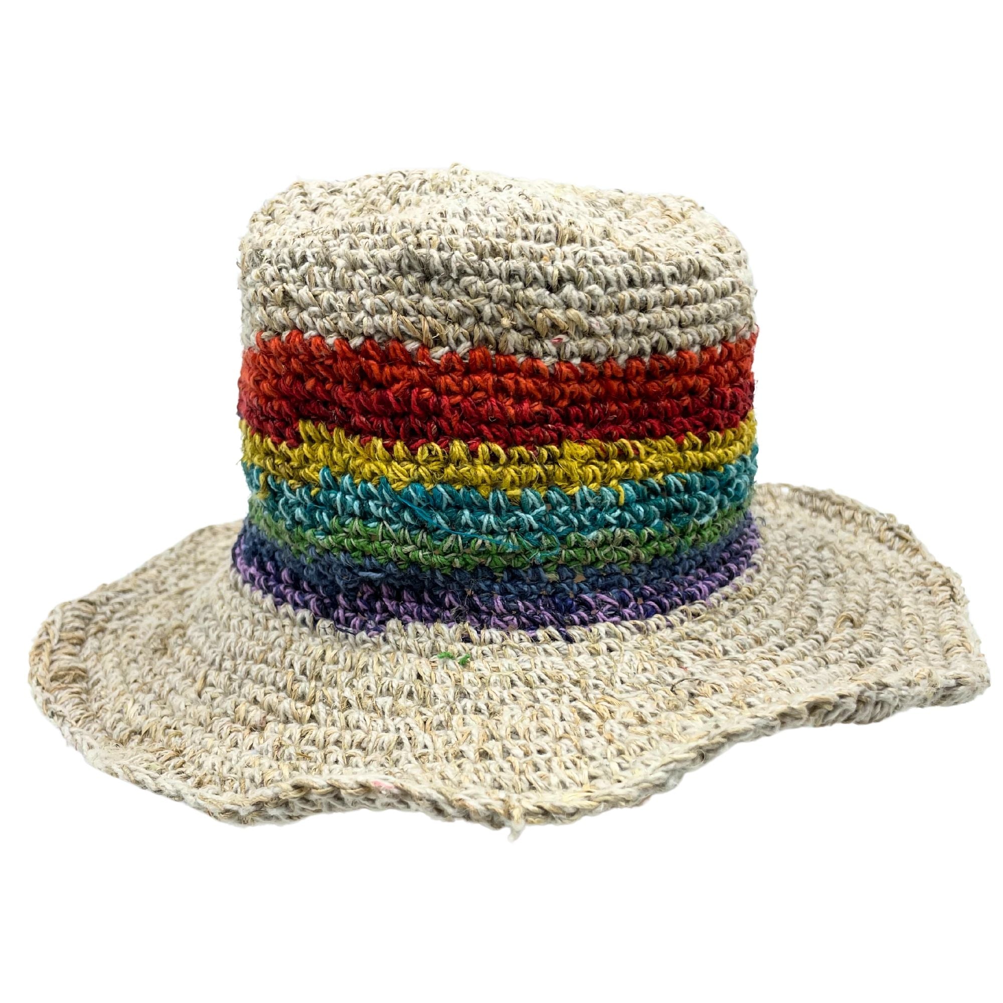 Chapéu boho festival tricotado à mão em cânhamo e algodão - Arco-íris
