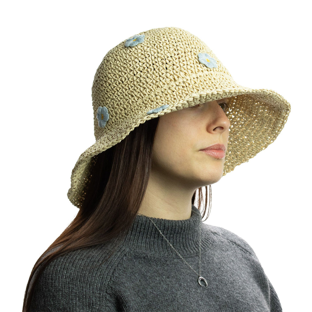 Nomad Sari Sombrero de Paja de Ala Blanda para el Sol - Flores Beige y Azules