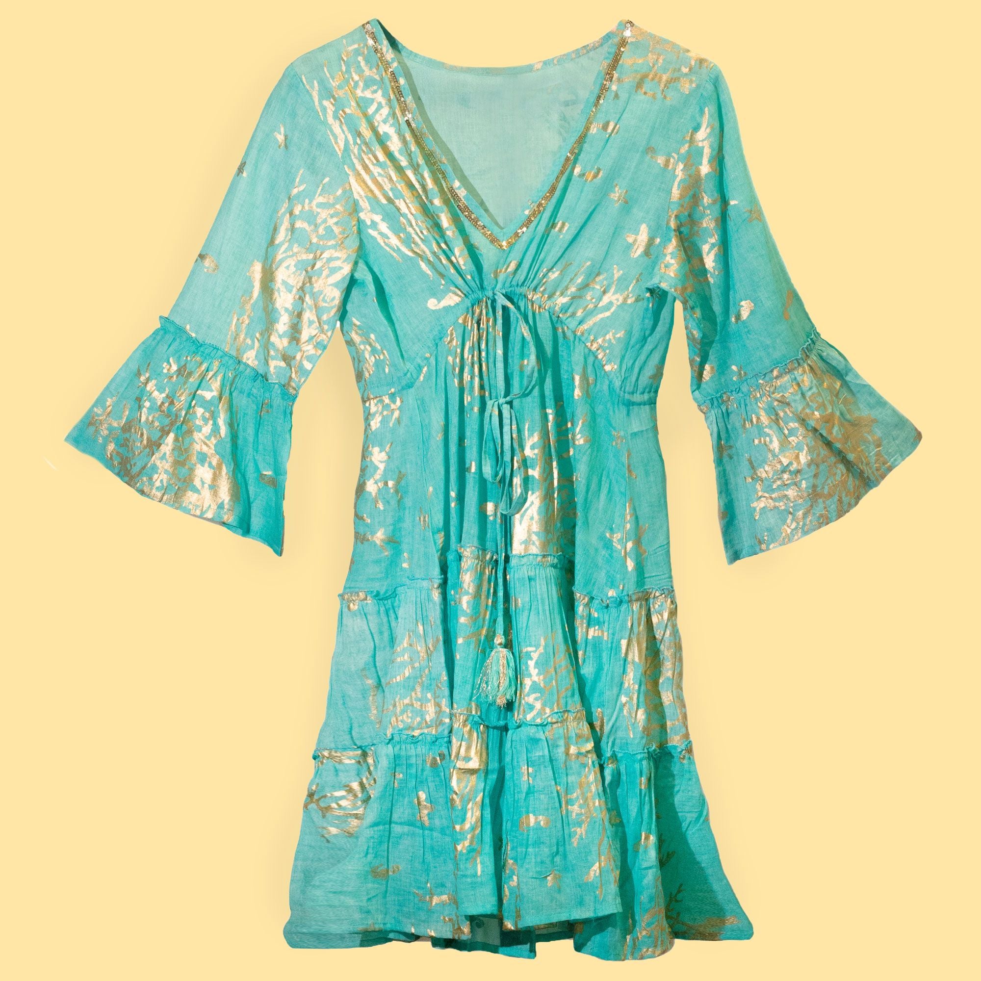 Vestido Nomad Sari estampado mediterrânico em tons de turquesa e coral dourado (M/L)