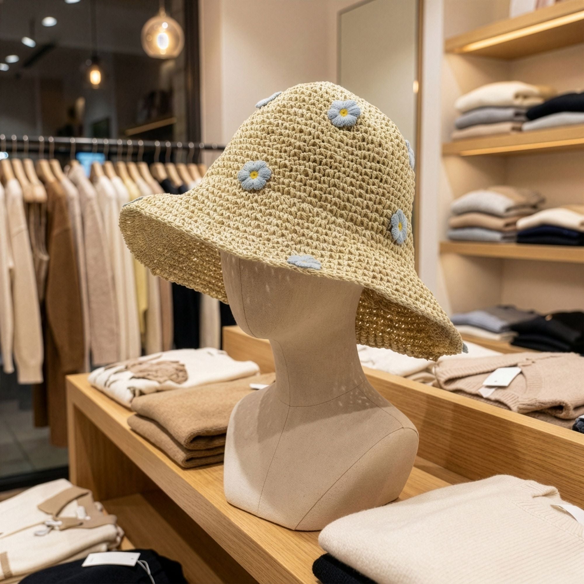 Nomad Sari Sombrero de Paja de Ala Blanda para el Sol - Flores Beige y Azules