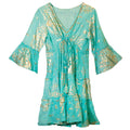 Vestido Nomad Sari estampado mediterrânico em tons de turquesa e coral dourado (M/L)