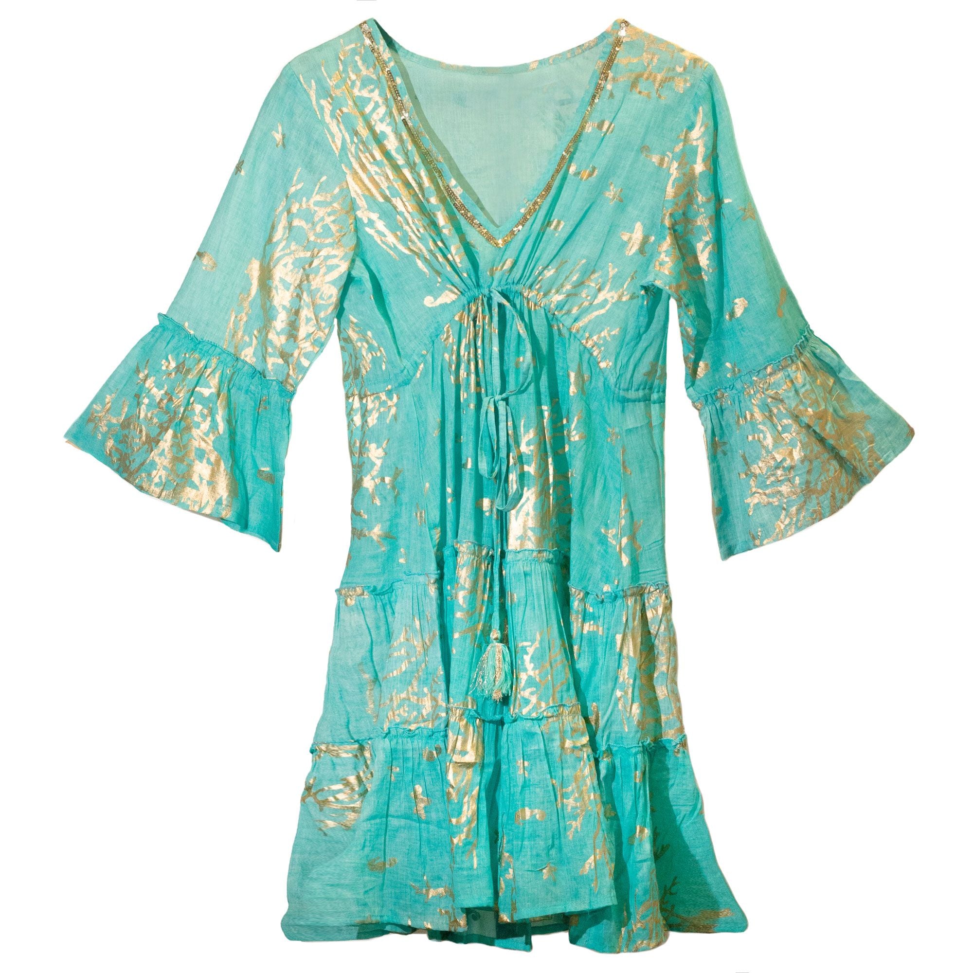 Vestido Nomad Sari estampado mediterrânico em tons de turquesa e coral dourado (M/L)