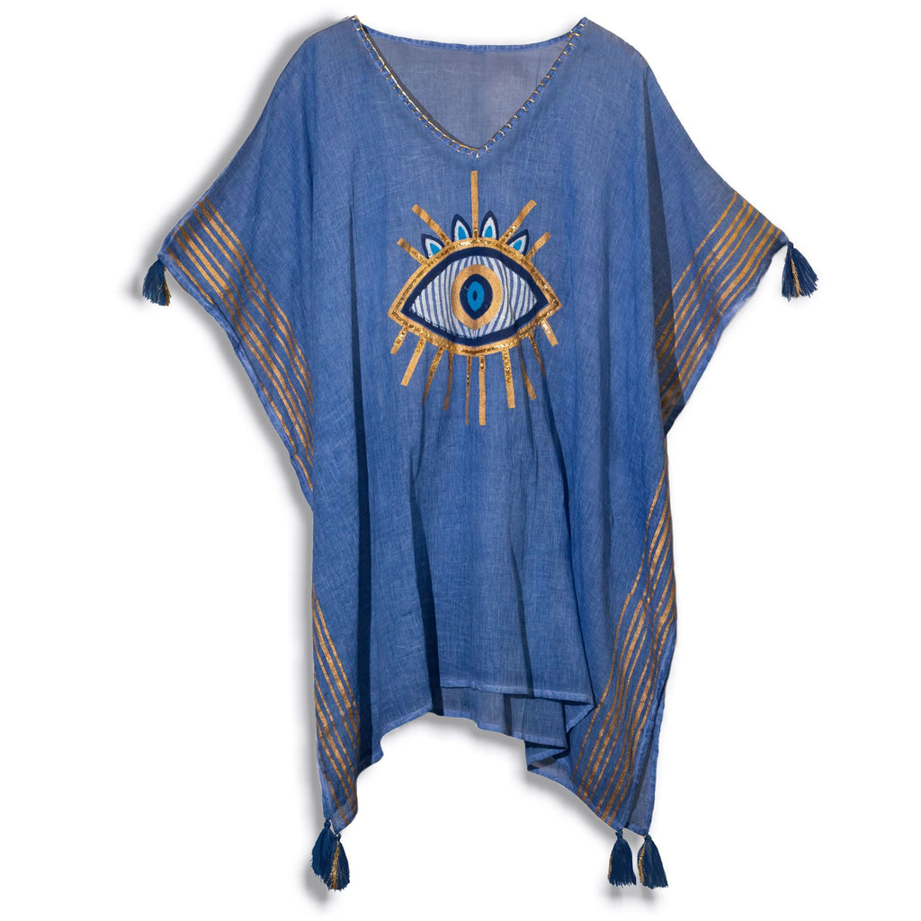 Nomad Sari Kaftan – tiefblaues und goldenes türkisches Augenmuster