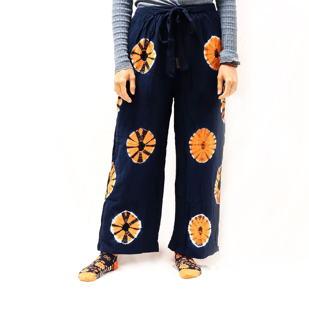 Calças estilo japonês para casa - azul e laranja - M