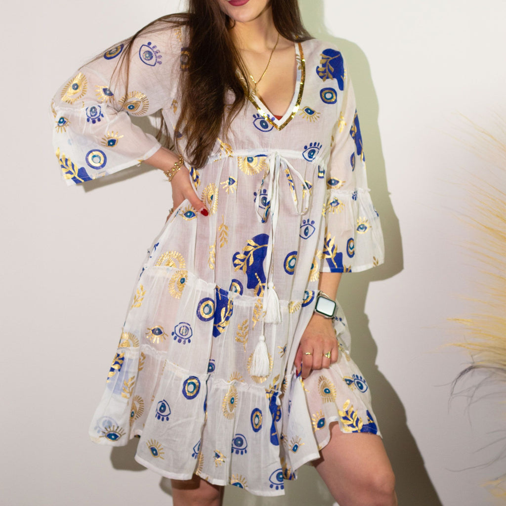 Vestido Sari Nômade Olho Grego – Branco, Azul e Dourado – Tamanho M/L
