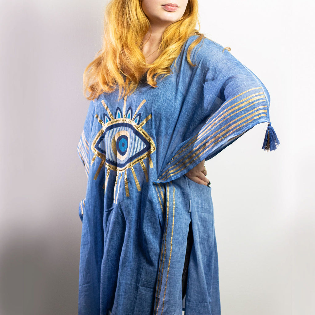 Nomad Sari Kaftan – tiefblaues und goldenes türkisches Augenmuster