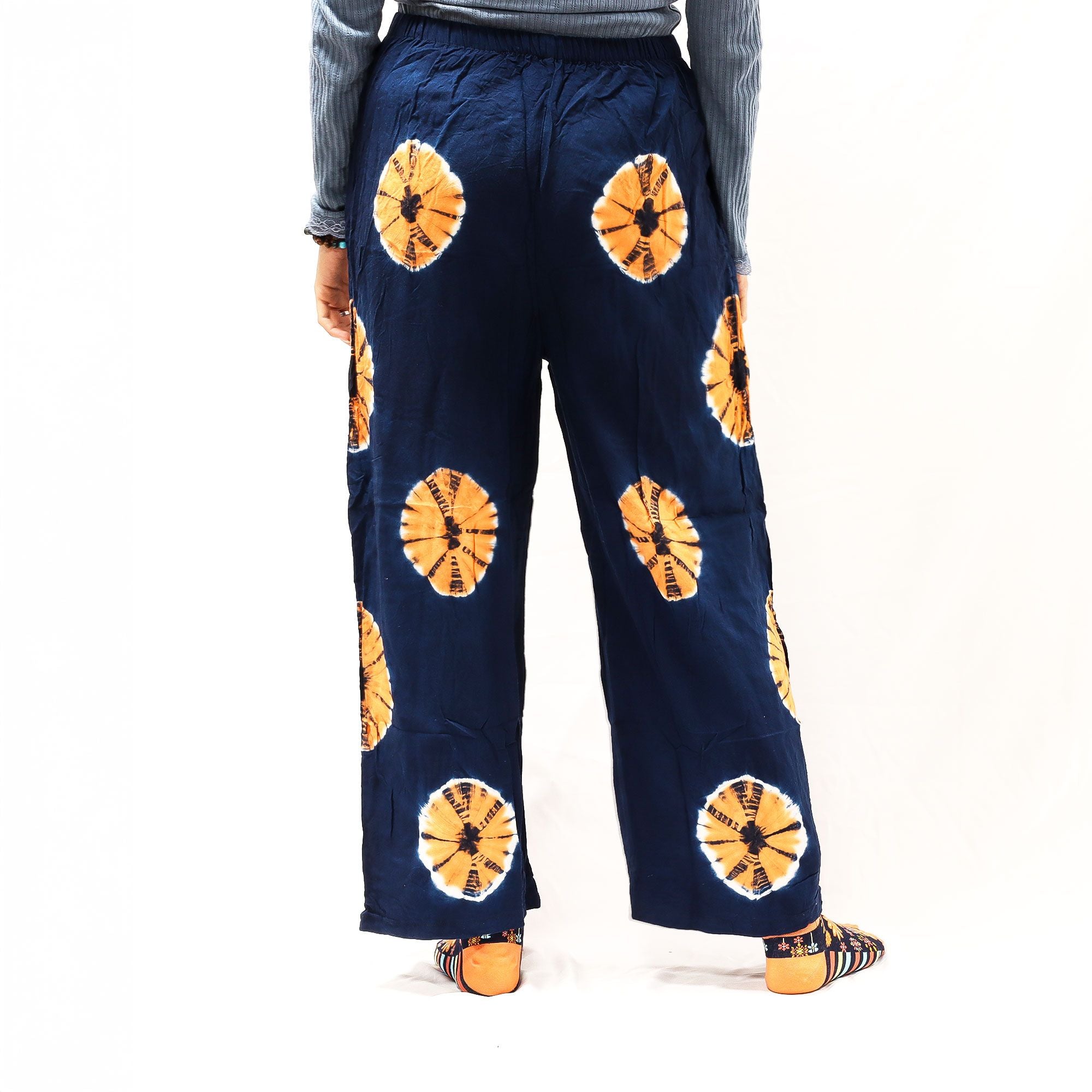 Pantalones de estilo japonés para estar en casa - azul y naranja - M