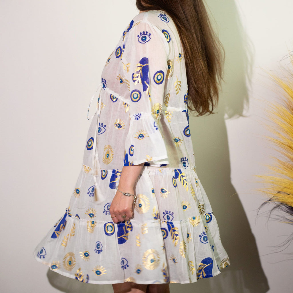 Vestido Sari Nômade Olho Grego – Branco, Azul e Dourado – Tamanho M/L